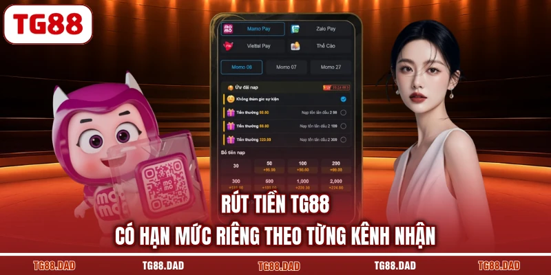 Rút tiền TG88 có hạn mức riêng theo từng kênh nhận